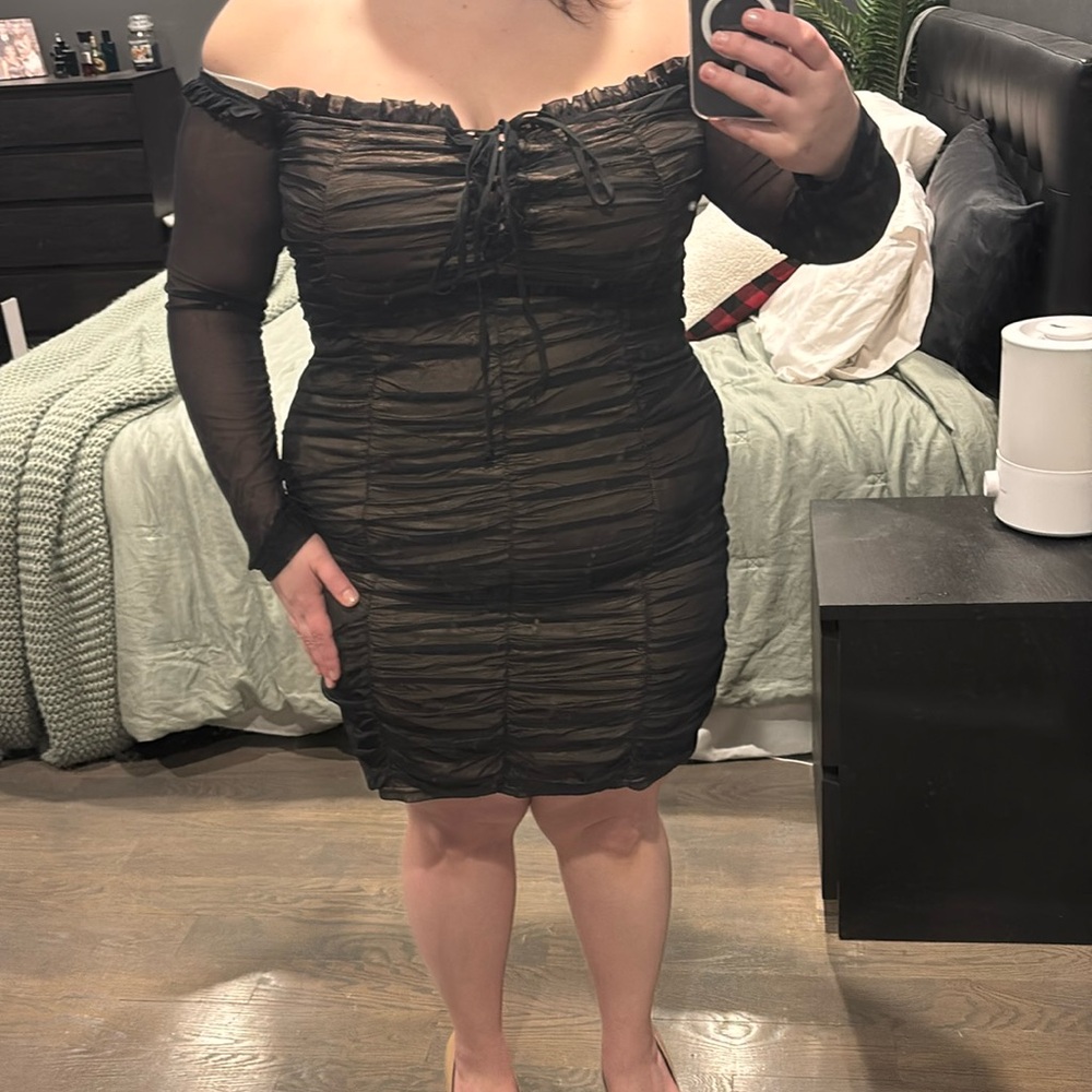 Fashion Nova 2X black Mesh Overlay Dress